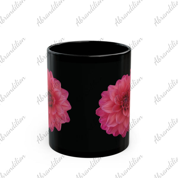 Floral Black Mug with Pink Dahlia Blooms, Perfect Gift for Flower Lovers, Coffee Lovers, Home Décor, Birthday, Botanical Art - abrandilion