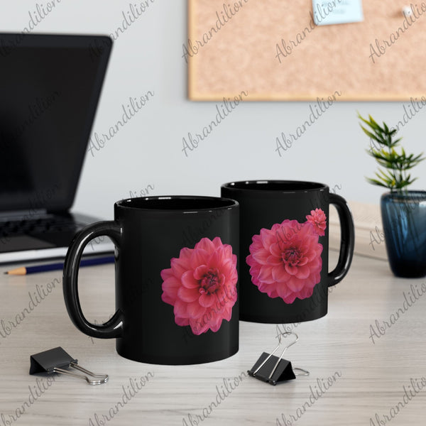 Floral Black Mug with Pink Dahlia Blooms, Perfect Gift for Flower Lovers, Coffee Lovers, Home Décor, Birthday, Botanical Art - abrandilion