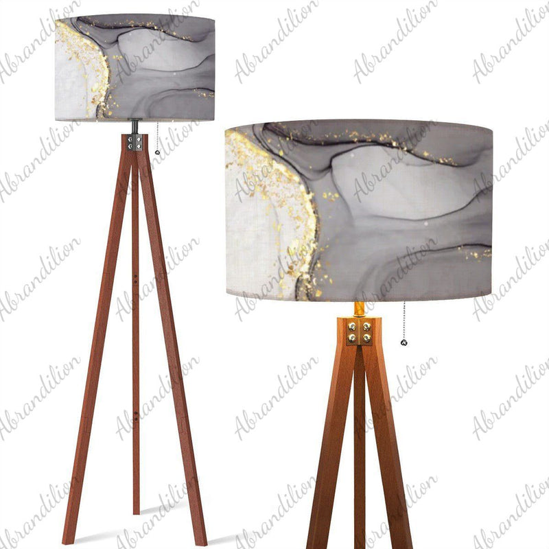 Black White and Gold Ink Flow - Tripod Floor Lamp (Made in USA) - abrandilion