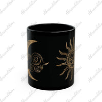 Celestial Sun and Moon Black and Gold Coffee Mug - Unique Astrology Tea Cup, Lunar Eclipse Gift, Boho Kitchen Decor, Galaxy Drinkware, - abrandilion