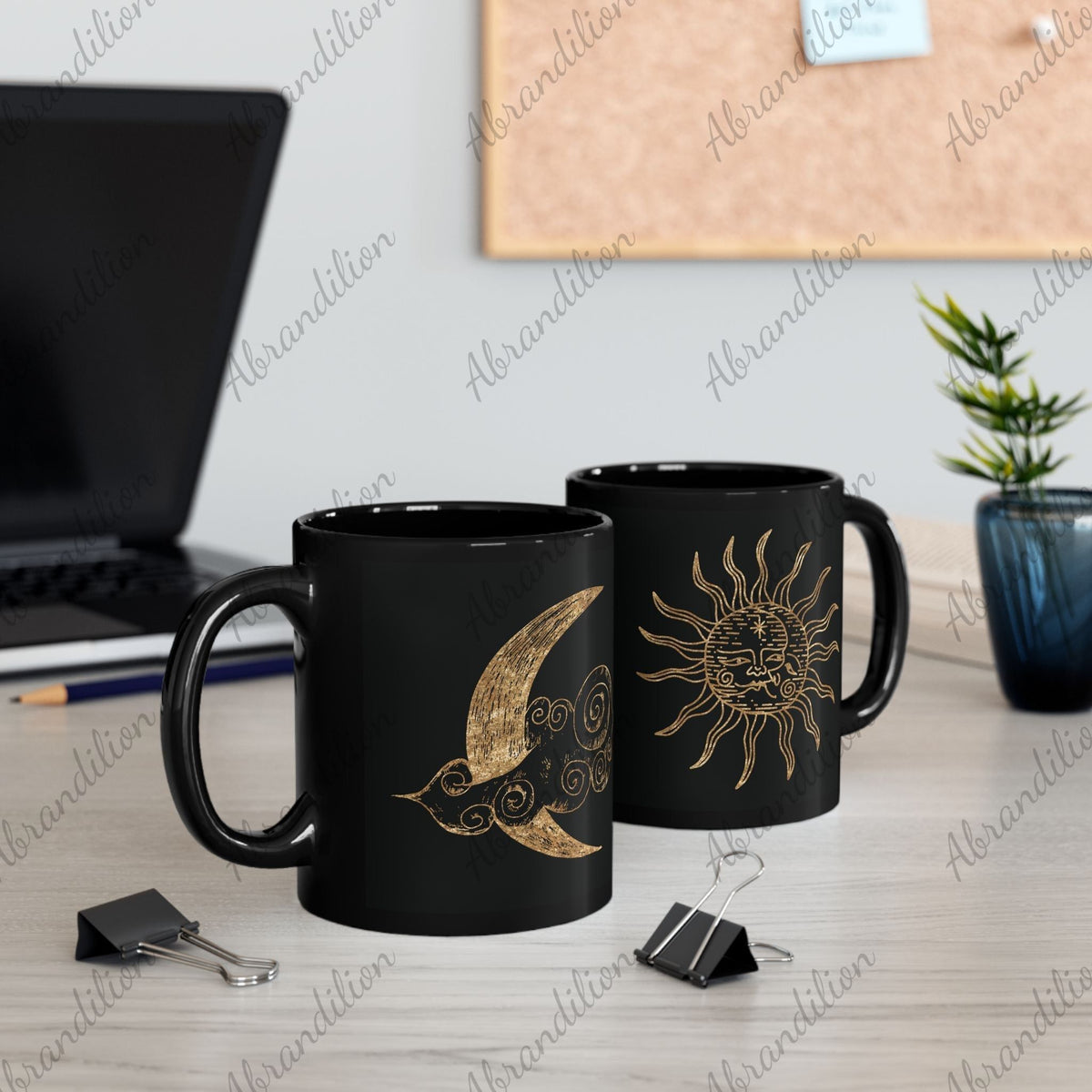 Celestial Sun and Moon Black and Gold Coffee Mug - Unique Astrology Tea Cup, Lunar Eclipse Gift, Boho Kitchen Decor, Galaxy Drinkware, - abrandilion