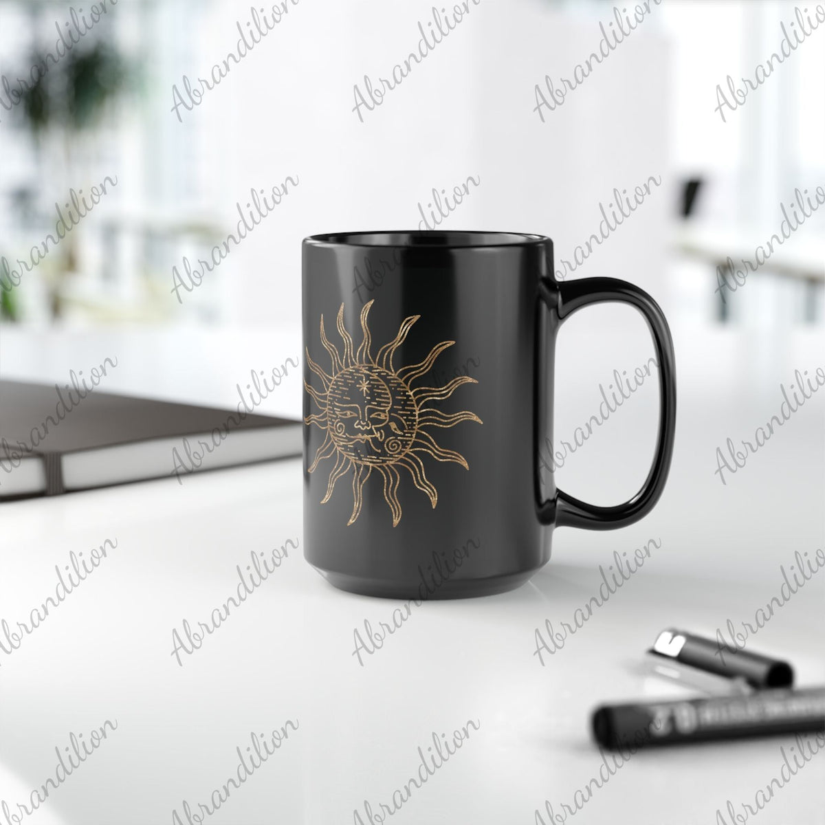 Celestial Sun and Moon Black and Gold Coffee Mug - Unique Astrology Tea Cup, Lunar Eclipse Gift, Boho Kitchen Decor, Galaxy Drinkware, - abrandilion