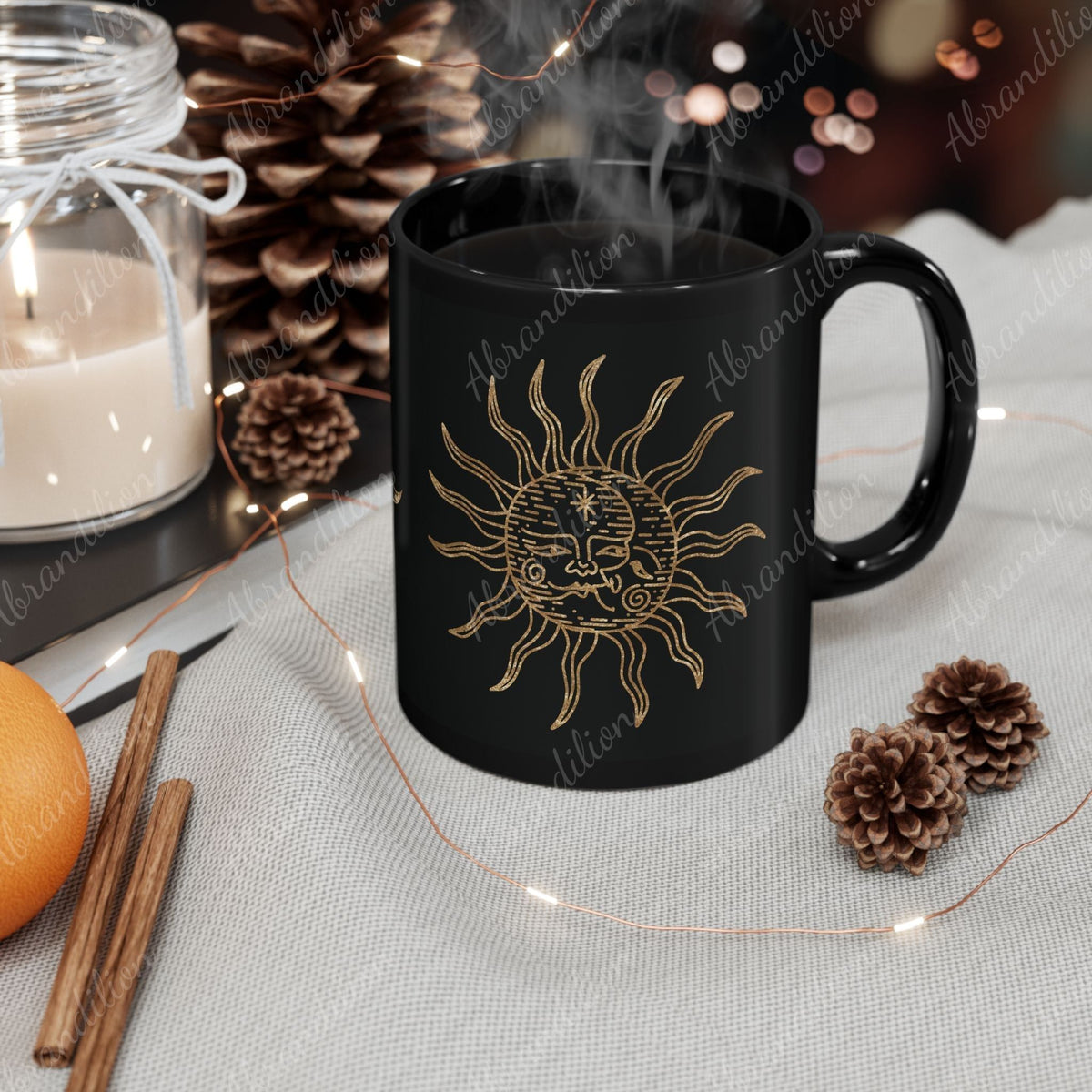 Celestial Sun and Moon Black and Gold Coffee Mug - Unique Astrology Tea Cup, Lunar Eclipse Gift, Boho Kitchen Decor, Galaxy Drinkware, - abrandilion