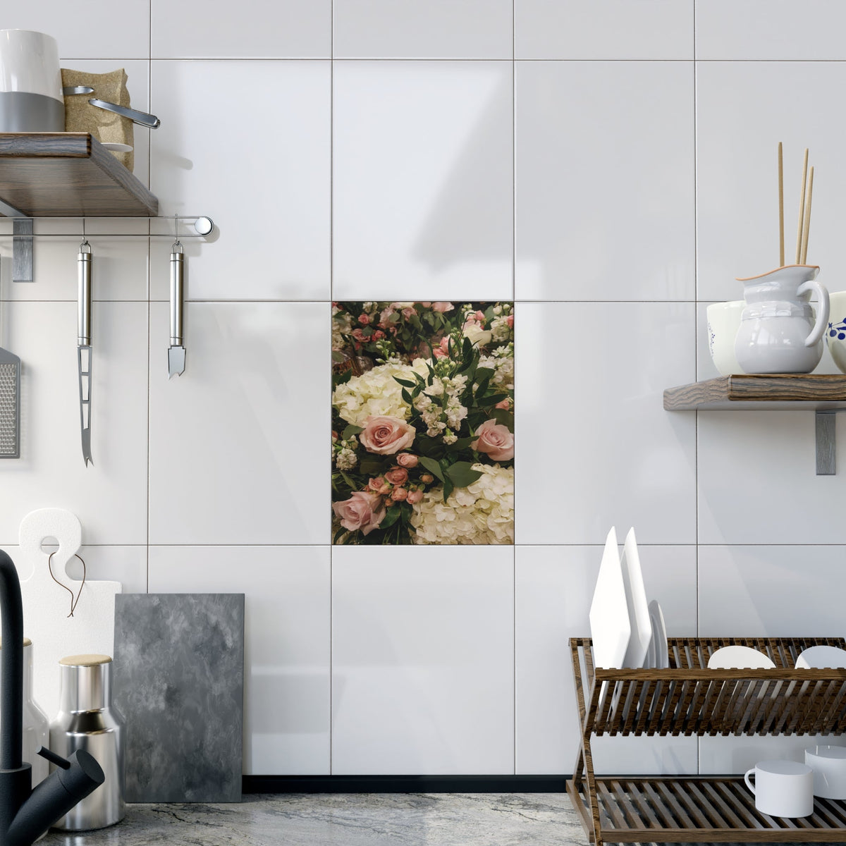 Ceramic Photo Tile — Vintage Pink Rose & Hydrangea Floral Keepsake - abrandilion