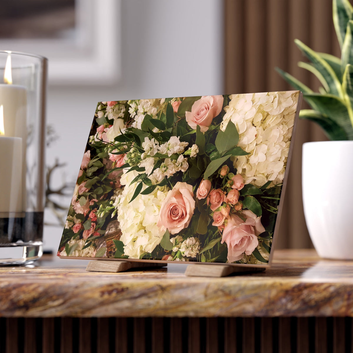 Ceramic Photo Tile — Vintage Pink Rose & Hydrangea Floral Keepsake - abrandilion