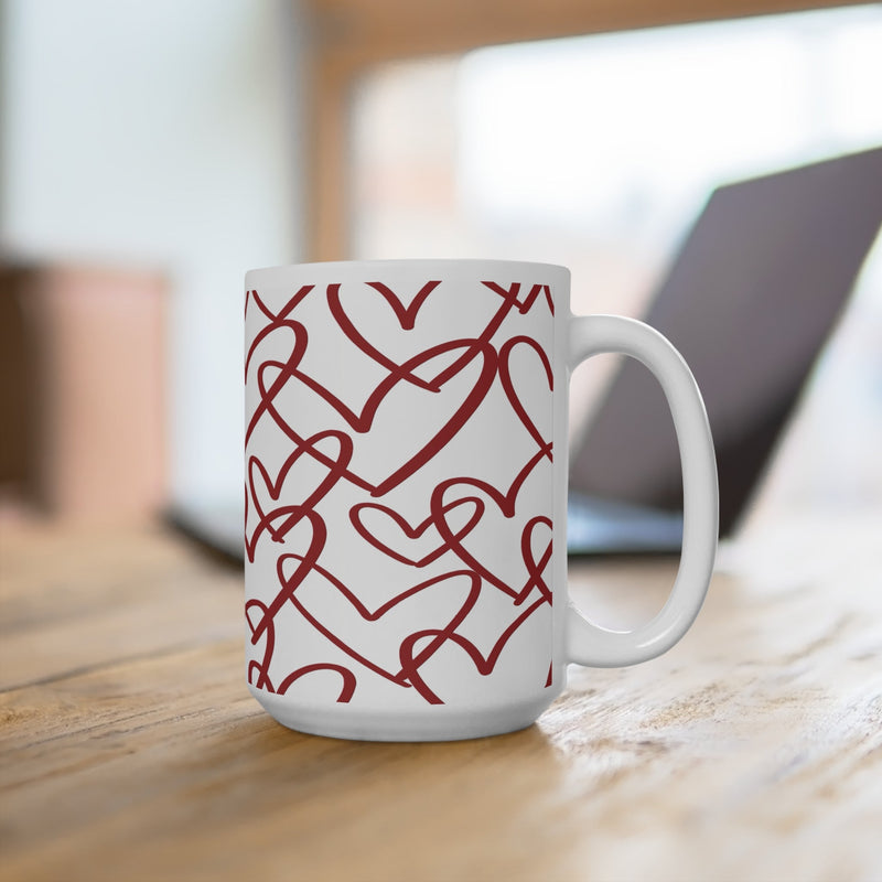 Hand - Drawn Red Hearts Mug | 15oz Ceramic Coffee Cup - abrandilion