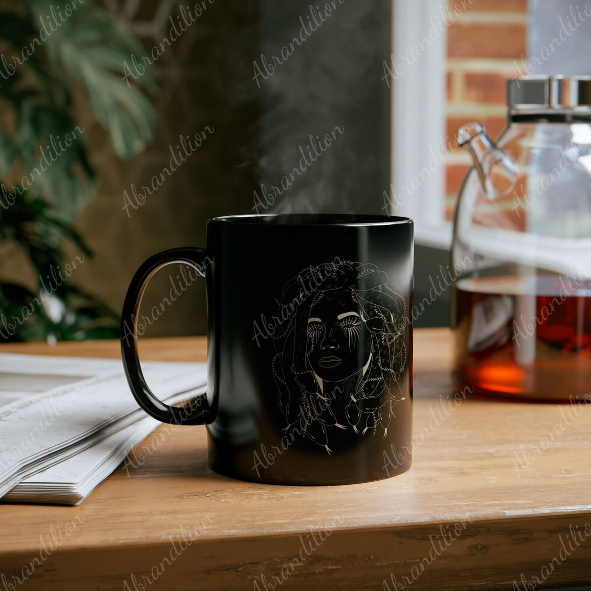 Medusa Black Mug - Elegant Coffee Cup, Greek Mythology Tea Mug, Stylish Ceramic Drinkware, Unique Gift Idea for Mythology Lovers - abrandilion