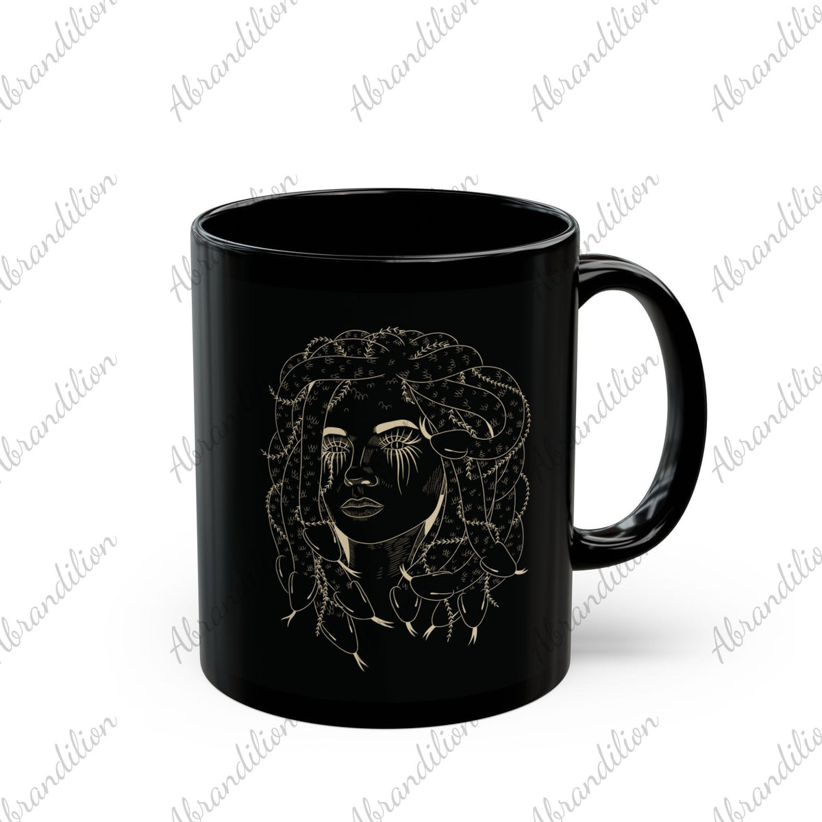 Medusa Black Mug - Elegant Coffee Cup, Greek Mythology Tea Mug, Stylish Ceramic Drinkware, Unique Gift Idea for Mythology Lovers - abrandilion