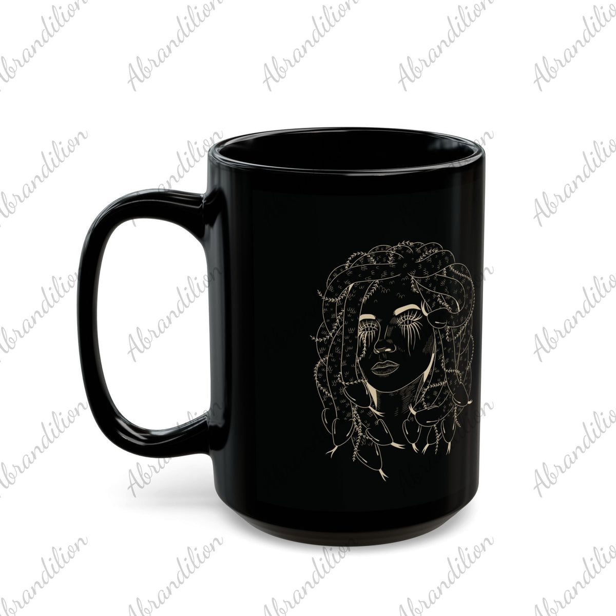 Medusa Black Mug - Elegant Coffee Cup, Greek Mythology Tea Mug, Stylish Ceramic Drinkware, Unique Gift Idea for Mythology Lovers - abrandilion