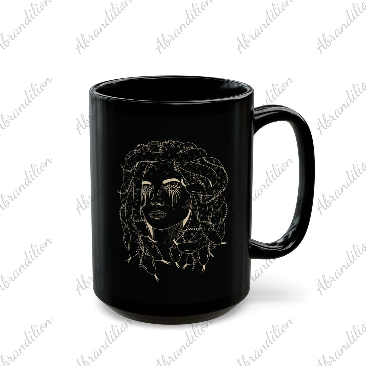 Medusa Black Mug - Elegant Coffee Cup, Greek Mythology Tea Mug, Stylish Ceramic Drinkware, Unique Gift Idea for Mythology Lovers - abrandilion