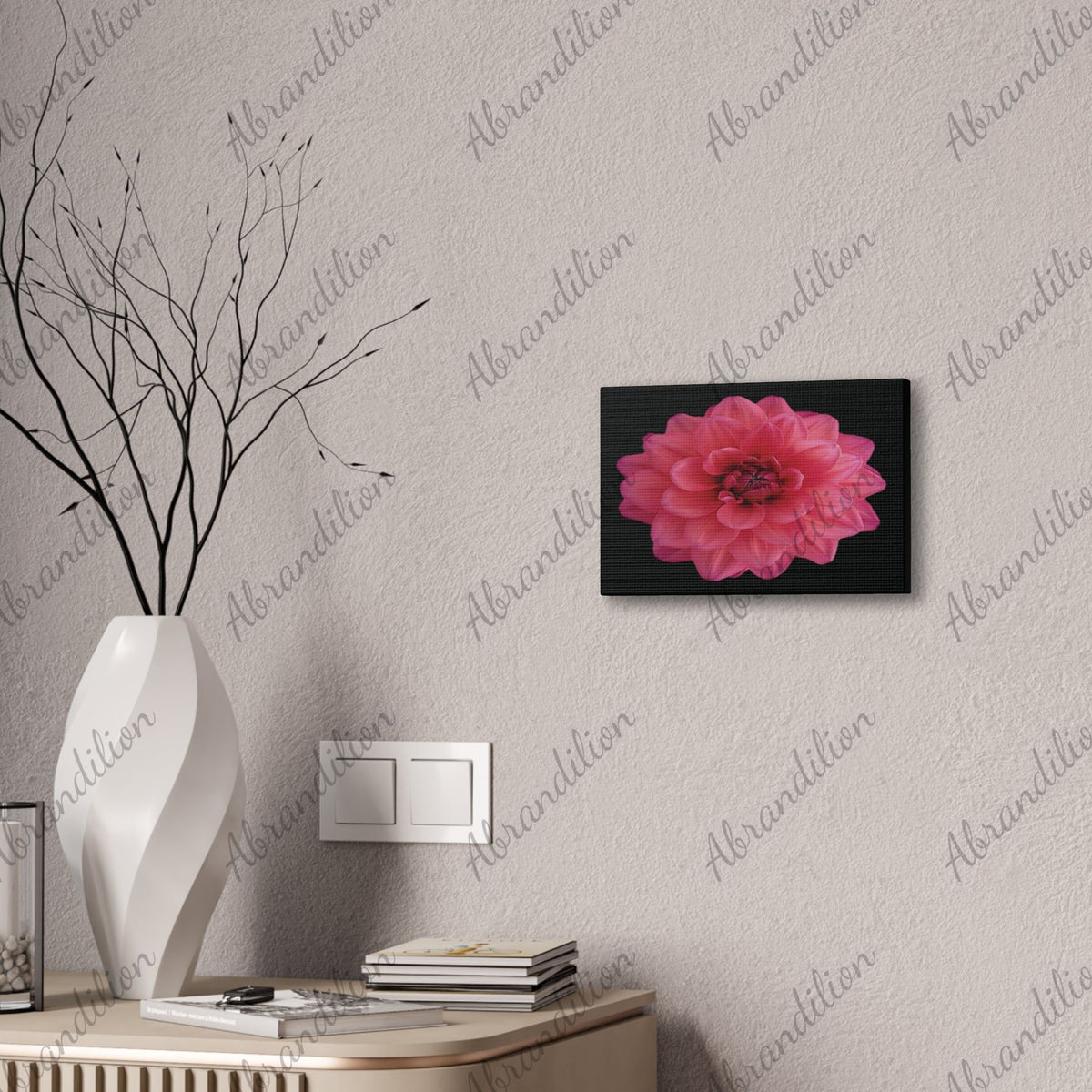 Pink Dahlia Canvas Wall Art — Stretched 0.75" Floral Print on Black - abrandilion