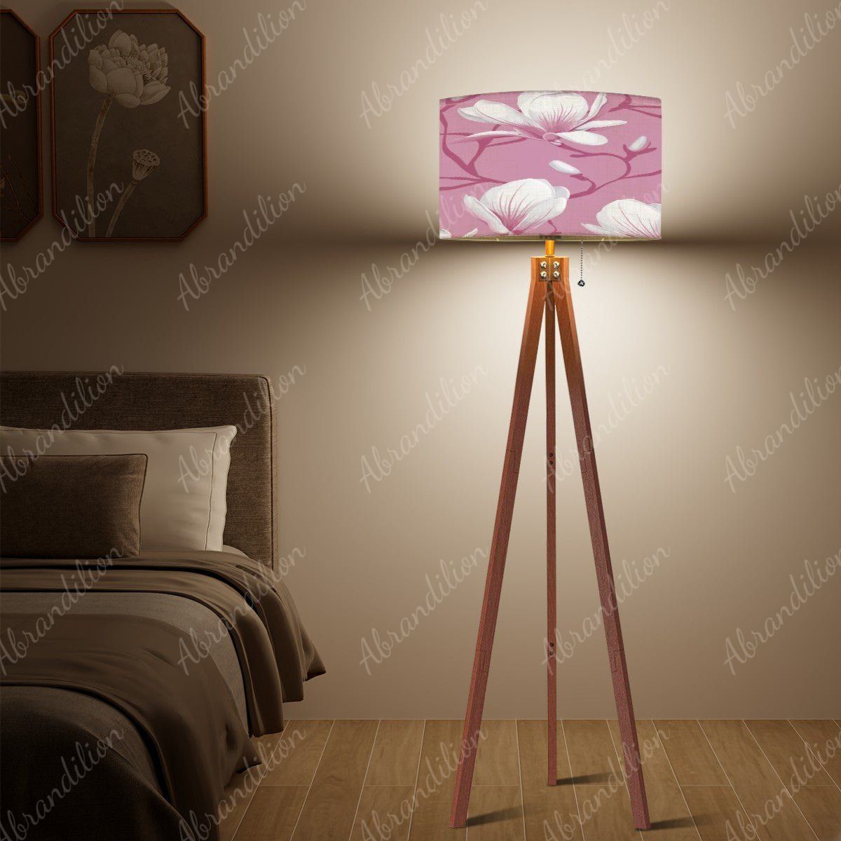 Pink Magnolia Blooms - Tripod Floor Lamp (Made in USA) - abrandilion