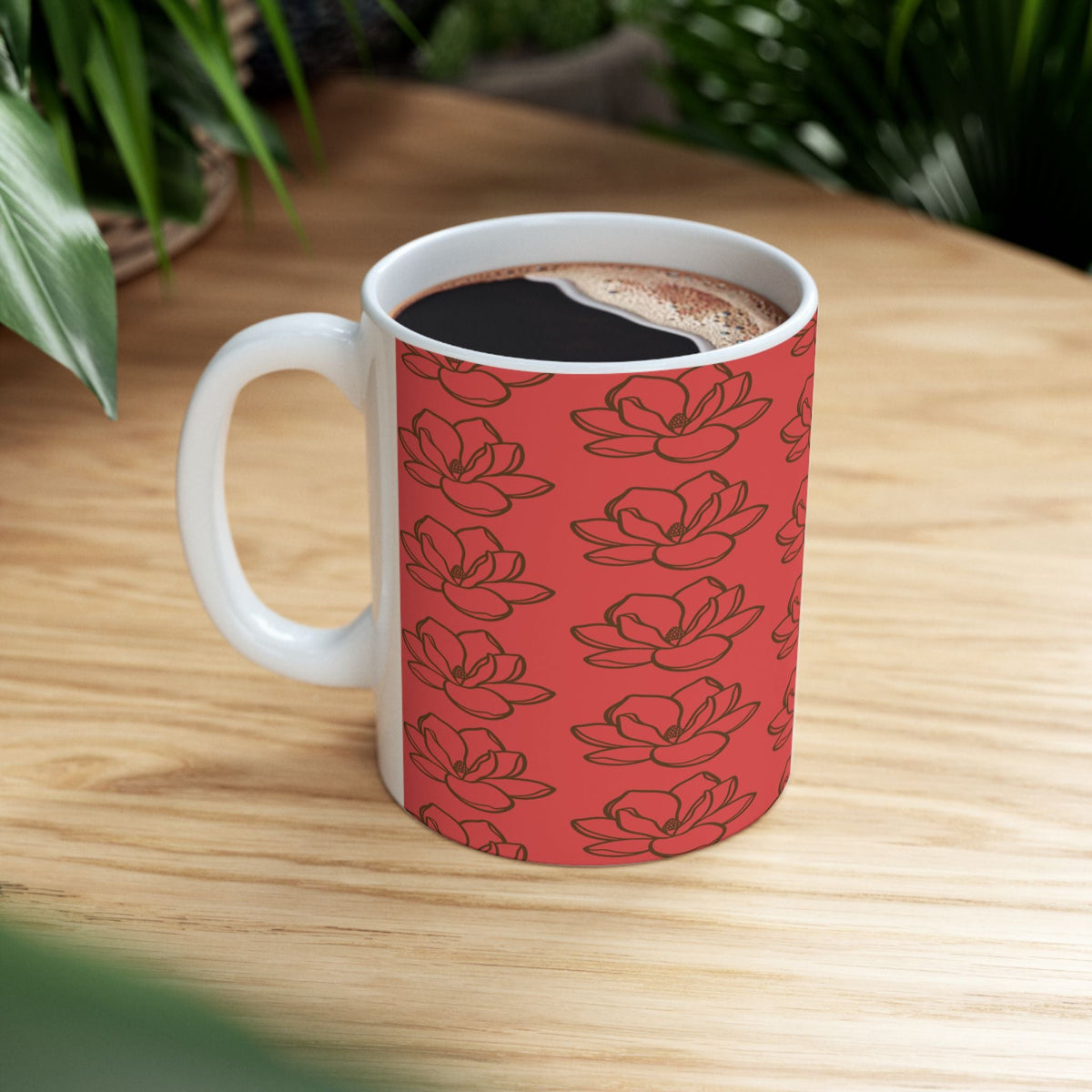 Red Magnolia Pattern Ceramic Mug – Floral 11oz & 15oz Coffee Cup - abrandilion