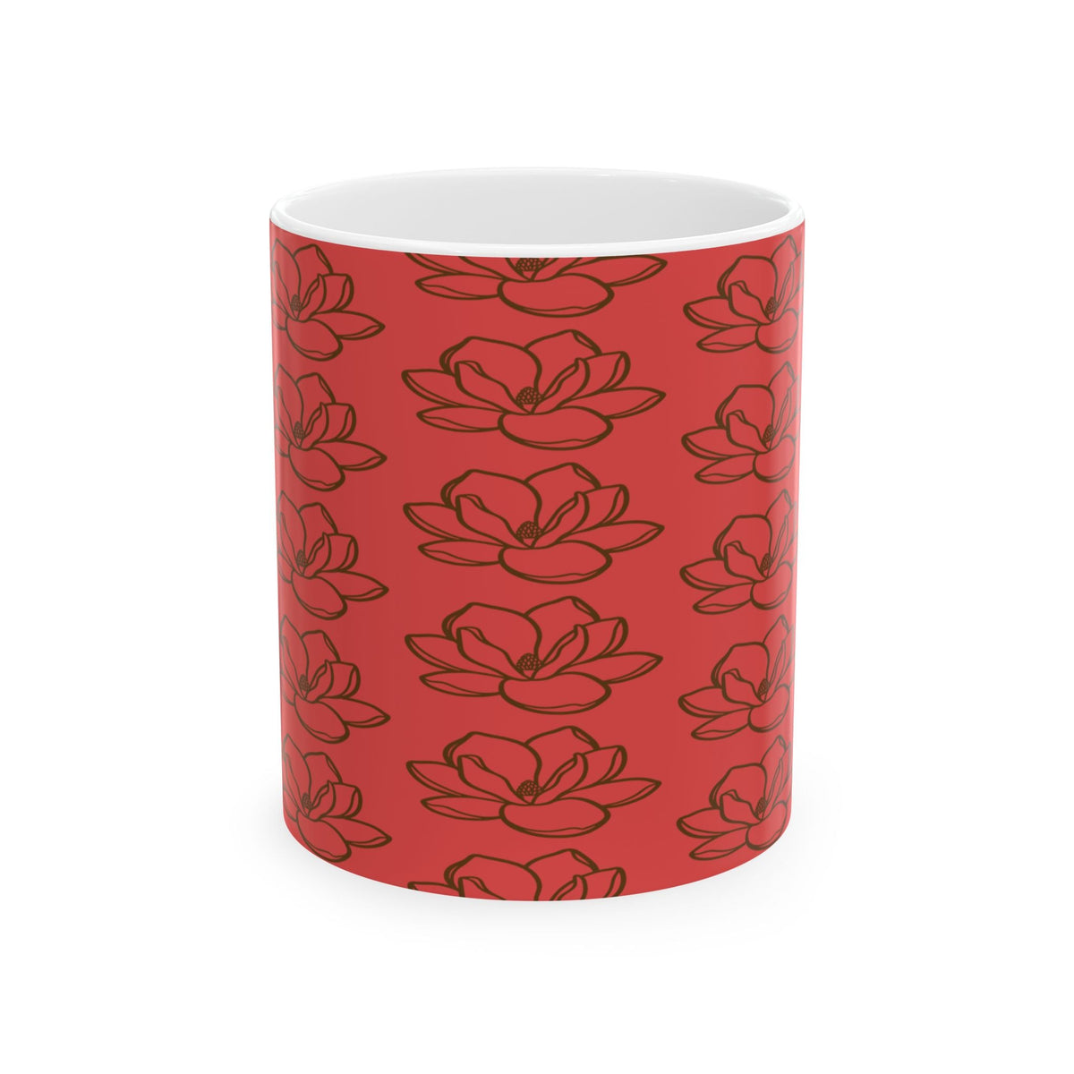 Red Magnolia Pattern Ceramic Mug – Floral 11oz & 15oz Coffee Cup - abrandilion