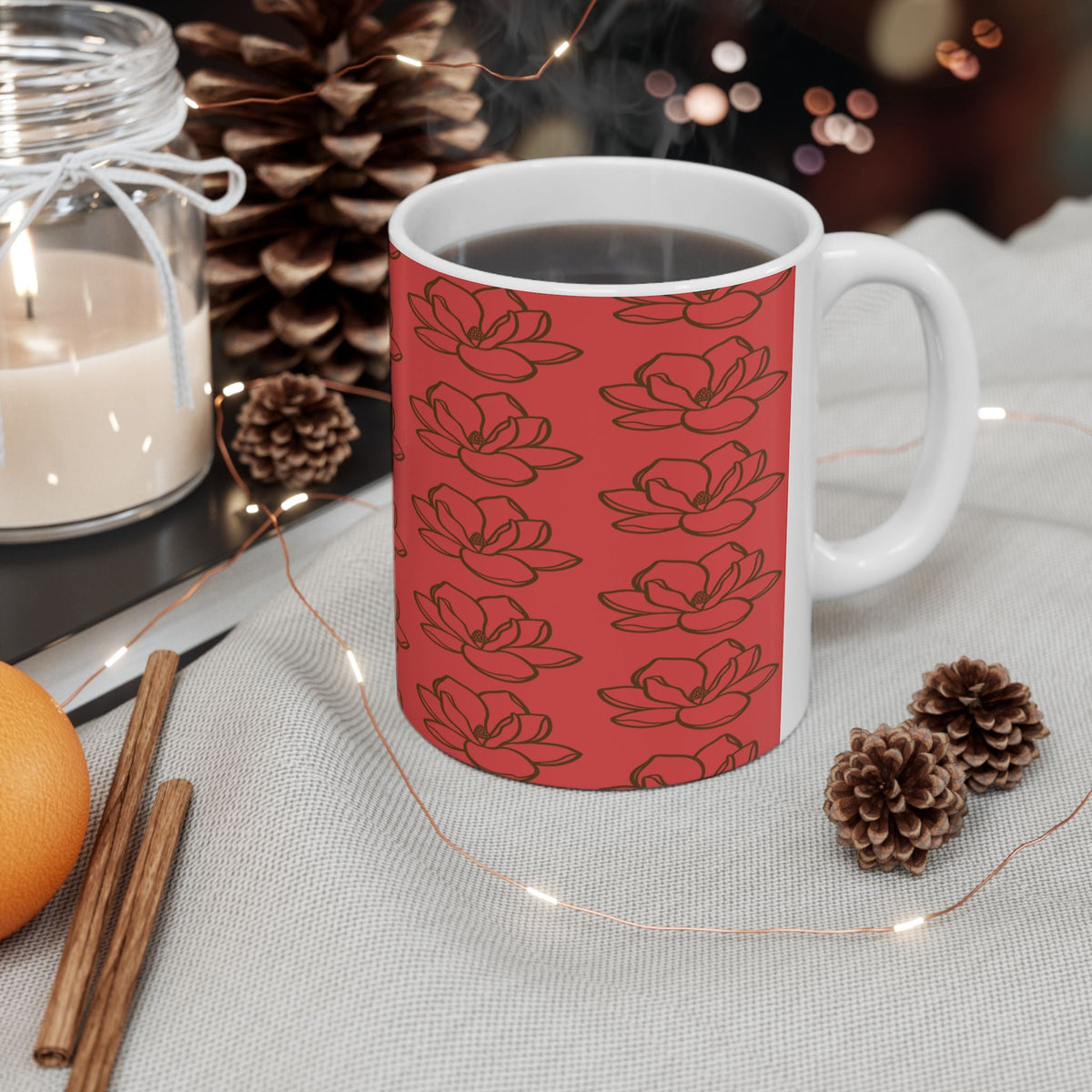 Red Magnolia Pattern Ceramic Mug – Floral 11oz & 15oz Coffee Cup - abrandilion