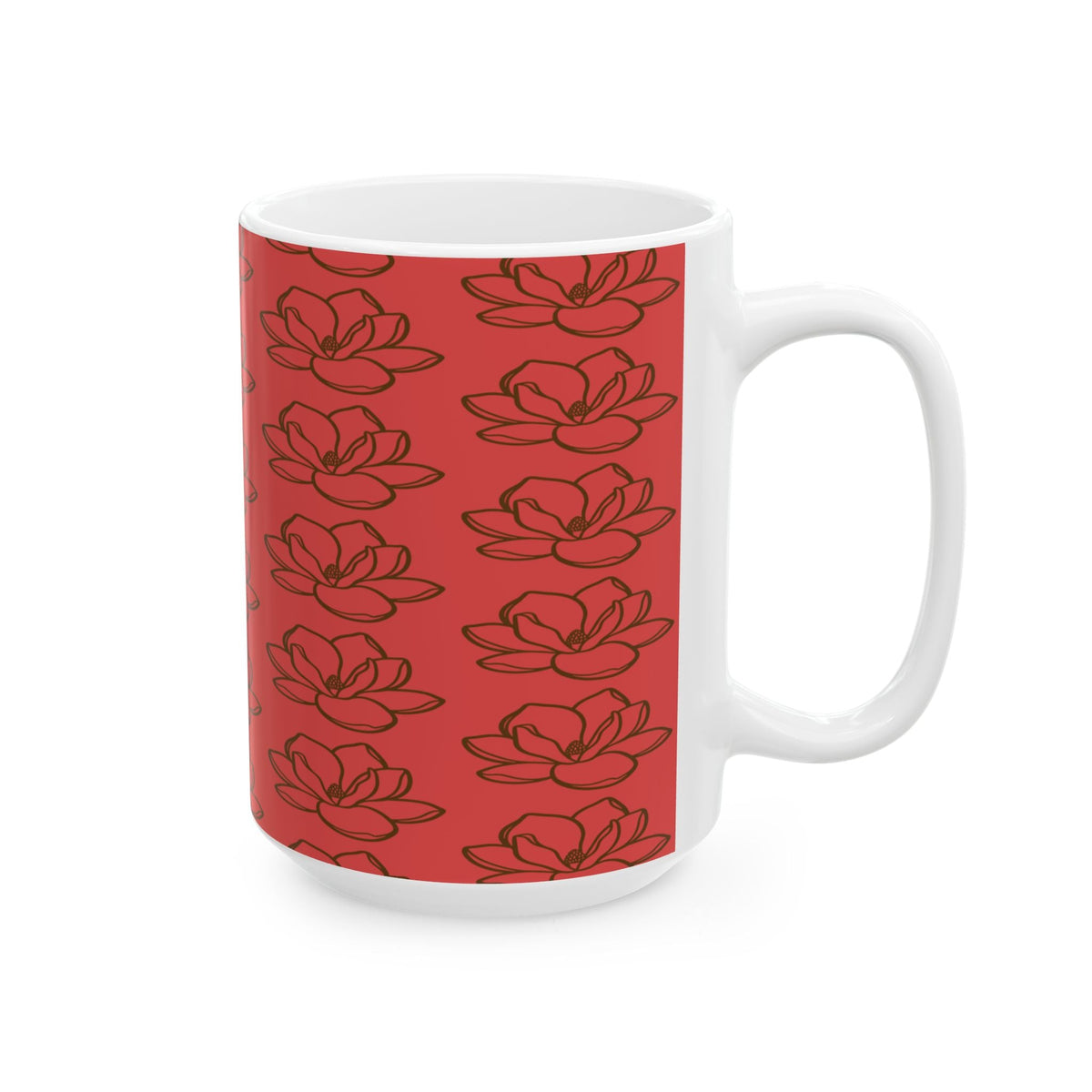 Red Magnolia Pattern Ceramic Mug – Floral 11oz & 15oz Coffee Cup - abrandilion