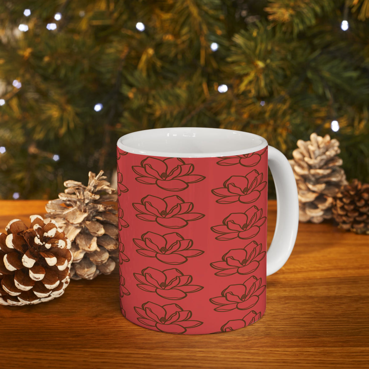 Red Magnolia Pattern Ceramic Mug – Floral 11oz & 15oz Coffee Cup - abrandilion