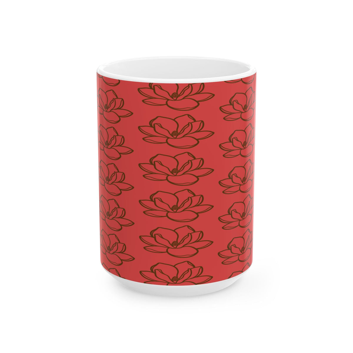 Red Magnolia Pattern Ceramic Mug – Floral 11oz & 15oz Coffee Cup - abrandilion